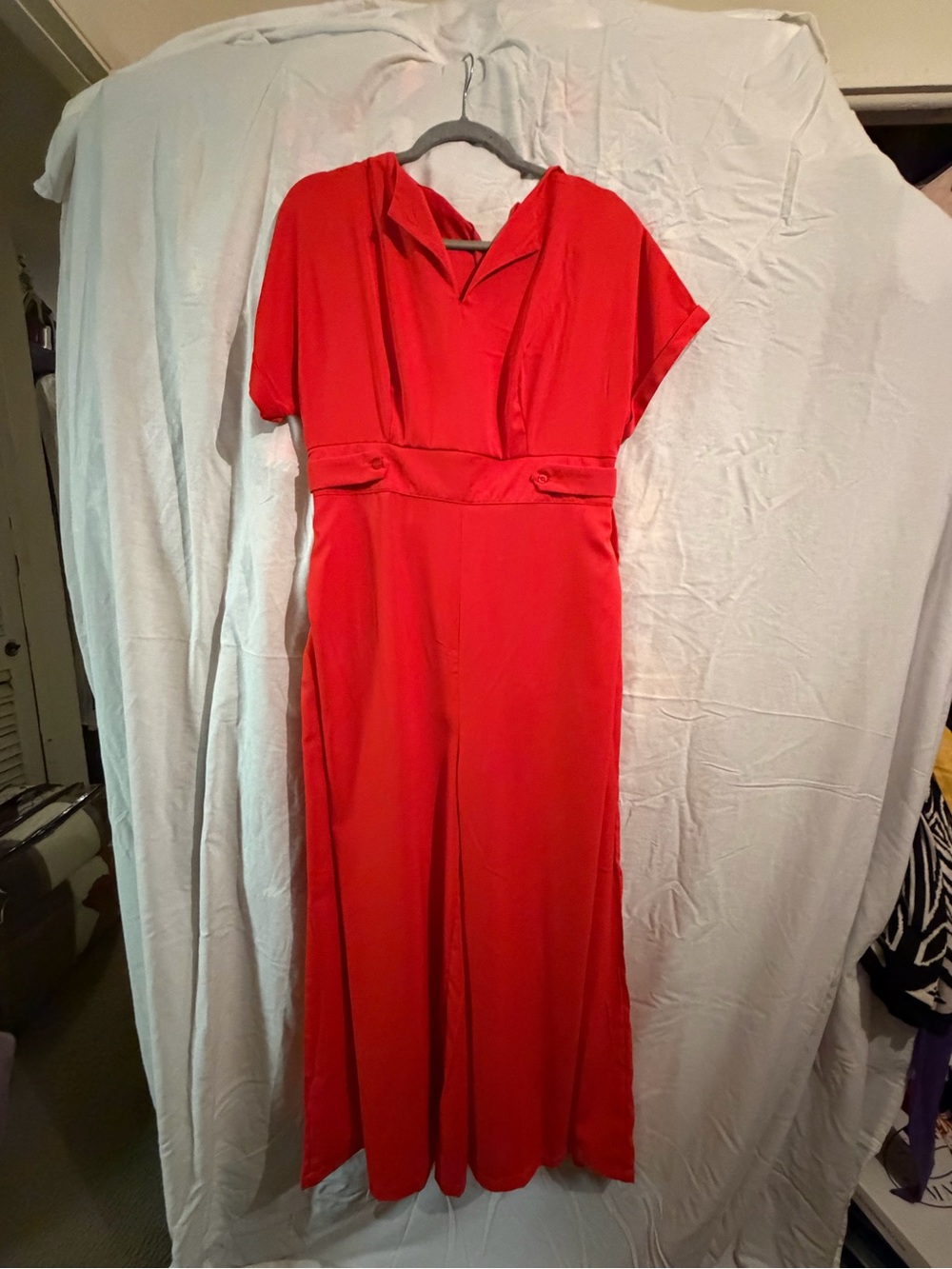 Red Women's V-Neck Wide-Leg Jumpsuit Dress